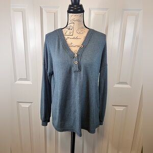 Women's Blue V-Neck Button Top